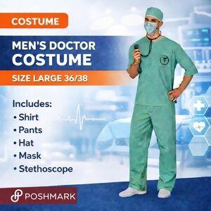 Men’s Doctor Costume Size Large 36/38 – Scrubs Set w/ Hat Mask Stethoscope